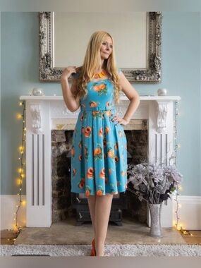 NEW Collectif M Jill Vintage Peach light blue swing dress Retro Glamour feminine